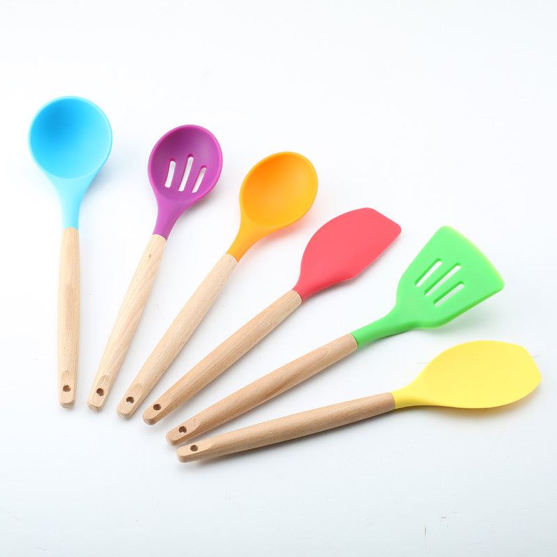 Eco-Friendly Bamboo and Silicone Kitchen Utensil Set  With Colorful Heads Wooden  Handle  Silicone Kitchen tools