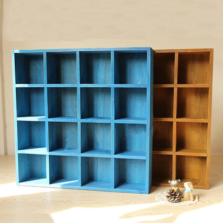 Vintage Wood 16-Cubby 4-Layer Tray Zakka Storage Cabinet Laminated Organizer Kitchen&Office Space Saver System-Blue,Yellow