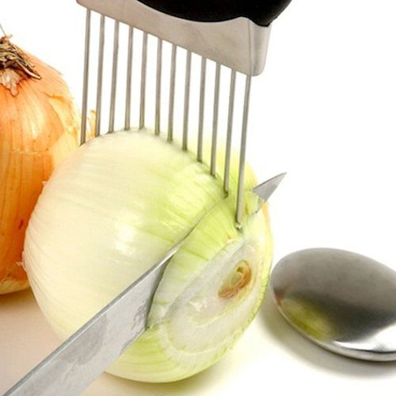 Easy Cut Onion Holder Slicer Vegetable tools Tomato Cutter Stainless Steel Kitchen Gadgets No More Stinky Hands U0502