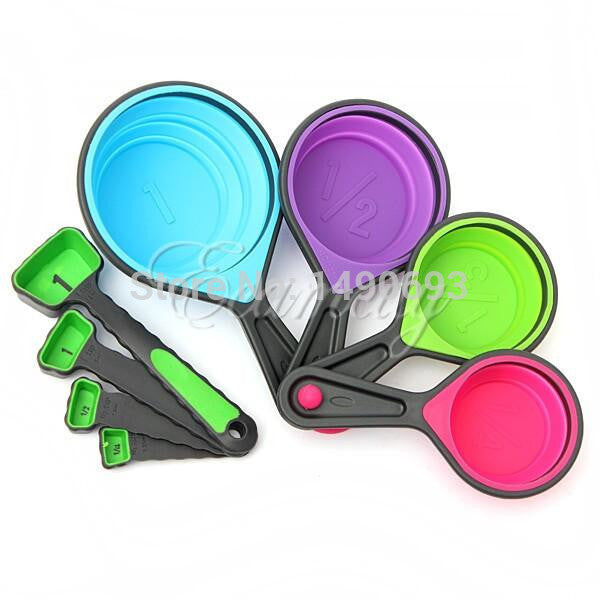 8pcs Food Grade Silicone dioxide Measuring Cups Set Spoon Kitchen Tool Ice Cream Collapsible Baking Cook New